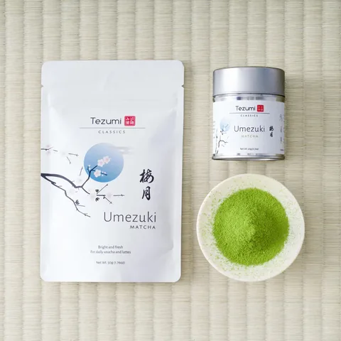 Yoshida Meichaen Umezuki - Uji Okumidori Matcha — 图示为20克罐装和50克软袋装